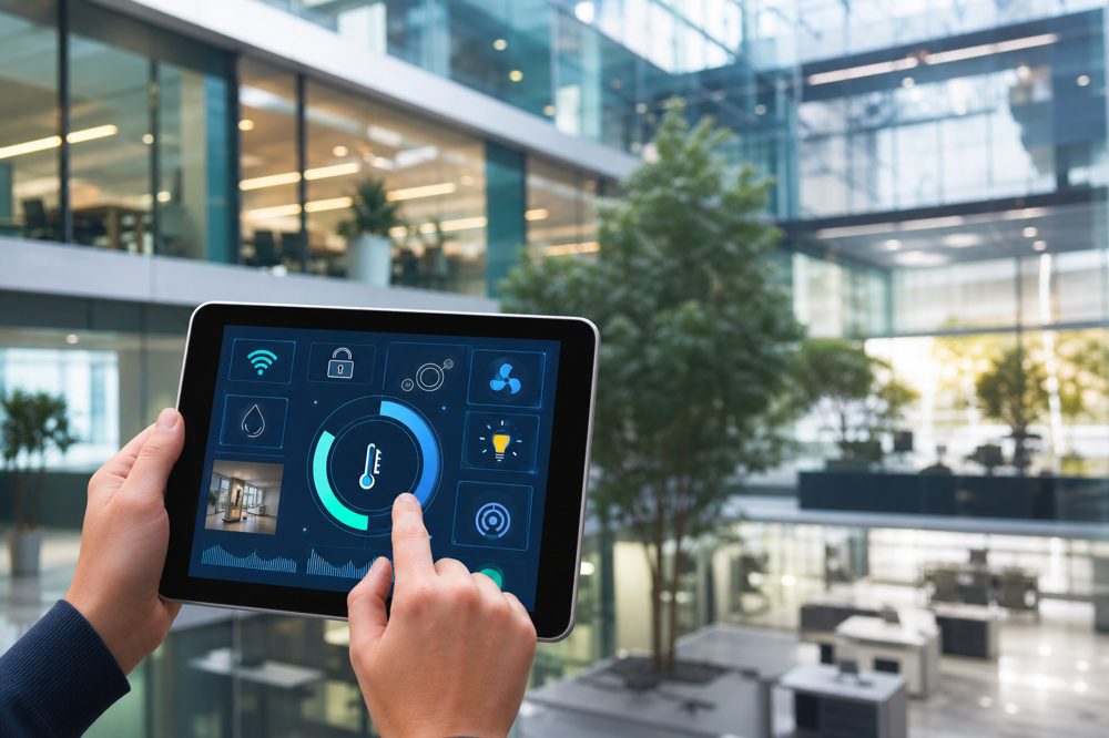 スマートフォンでIoT制御されるオフィスビルの業務用空調システム