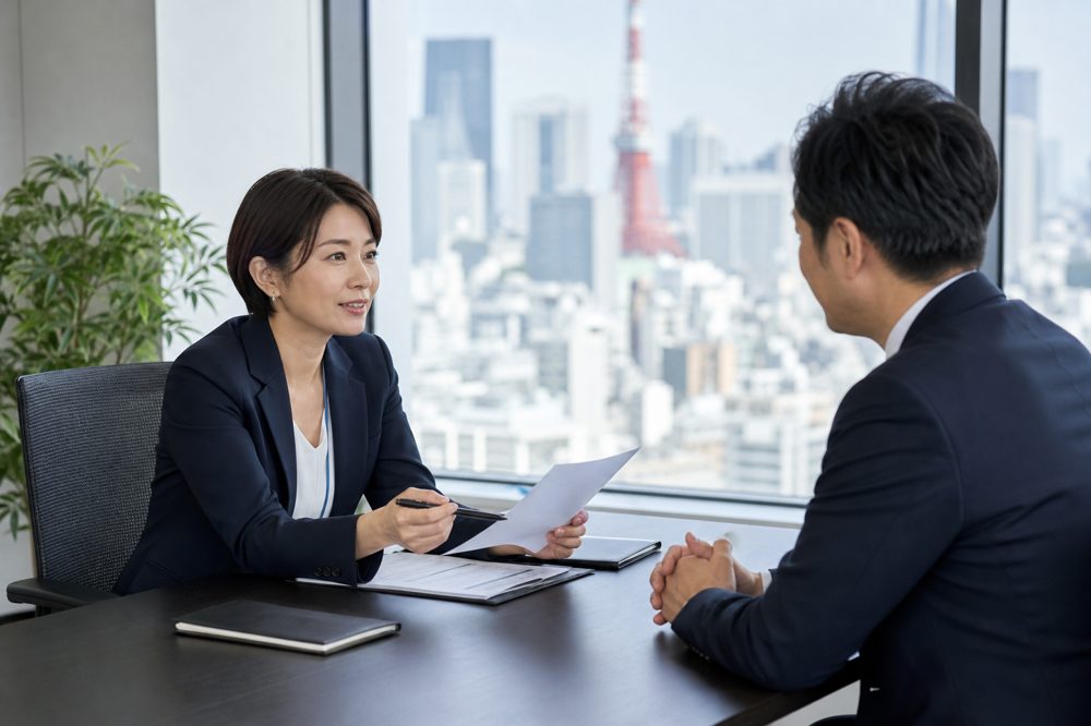 中小企業の経営者と労務コンサルタントが書類を確認している様子