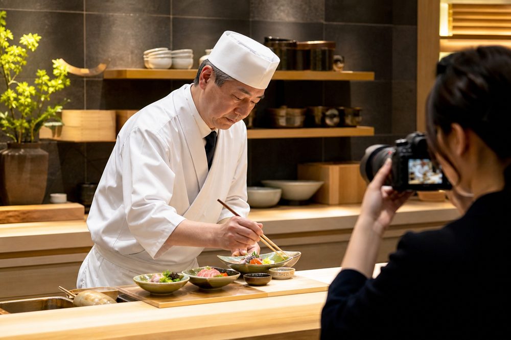 日本料理店でSNS用コンテンツ撮影をしている様子