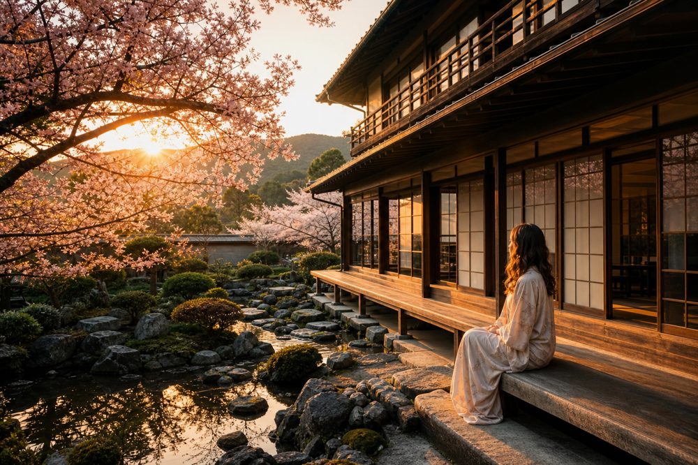 春の桜が咲く日本旅館をインバウンド向けSNSコンテンツとして撮影している様子