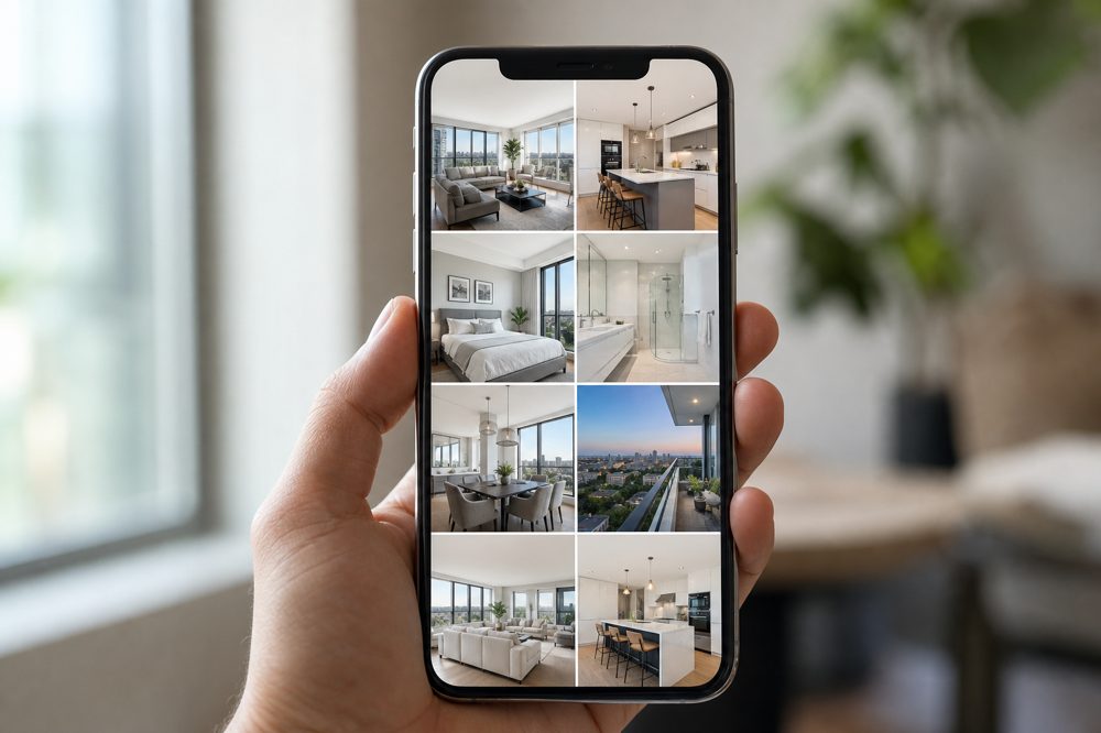 InstagramでマンションのインテリアをチェックしているスマートフォンSNS画面