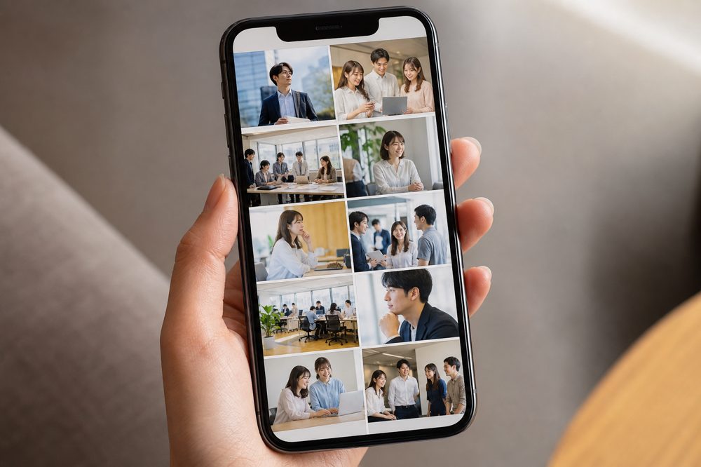 日本企業の職場文化やチームの様子を見せるInstagram採用投稿のスマートフォン画面