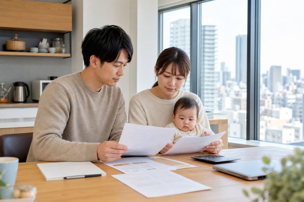 大阪のマンションで赤ちゃんを抱えながら家計を確認する若い夫婦