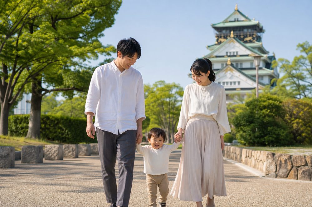 大阪の公園を笑顔で歩く子連れの家族・将来への安心感
