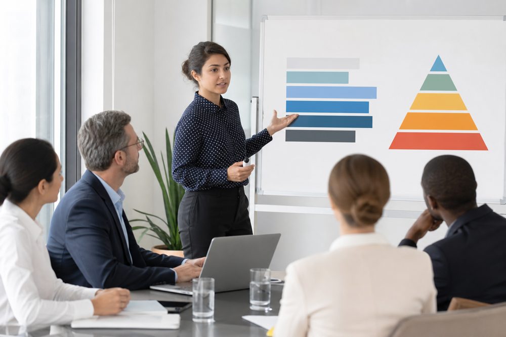 新人事制度の説明会で管理職に向けてプレゼンする人事担当者