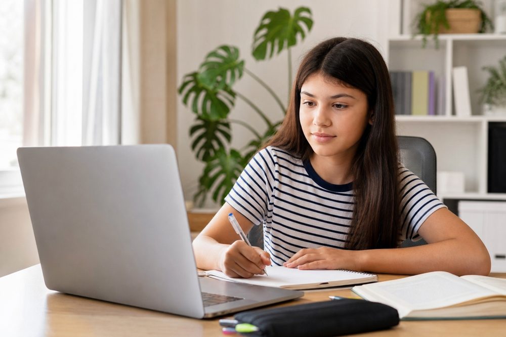 オンライン個別指導で勉強する中学生