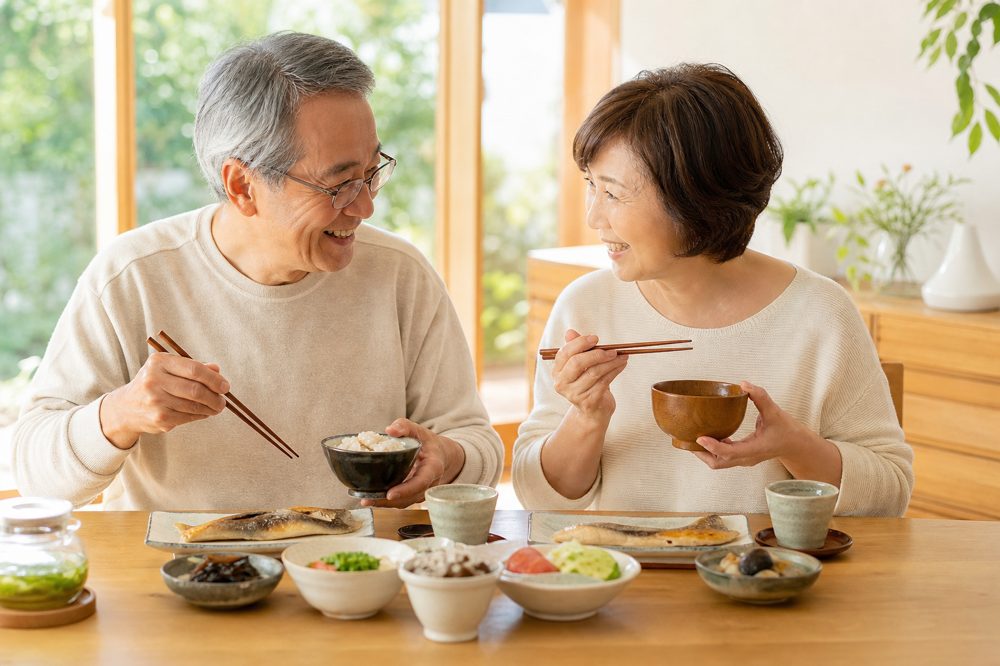認知症予防のための健康的な和食を楽しむ高齢夫婦
