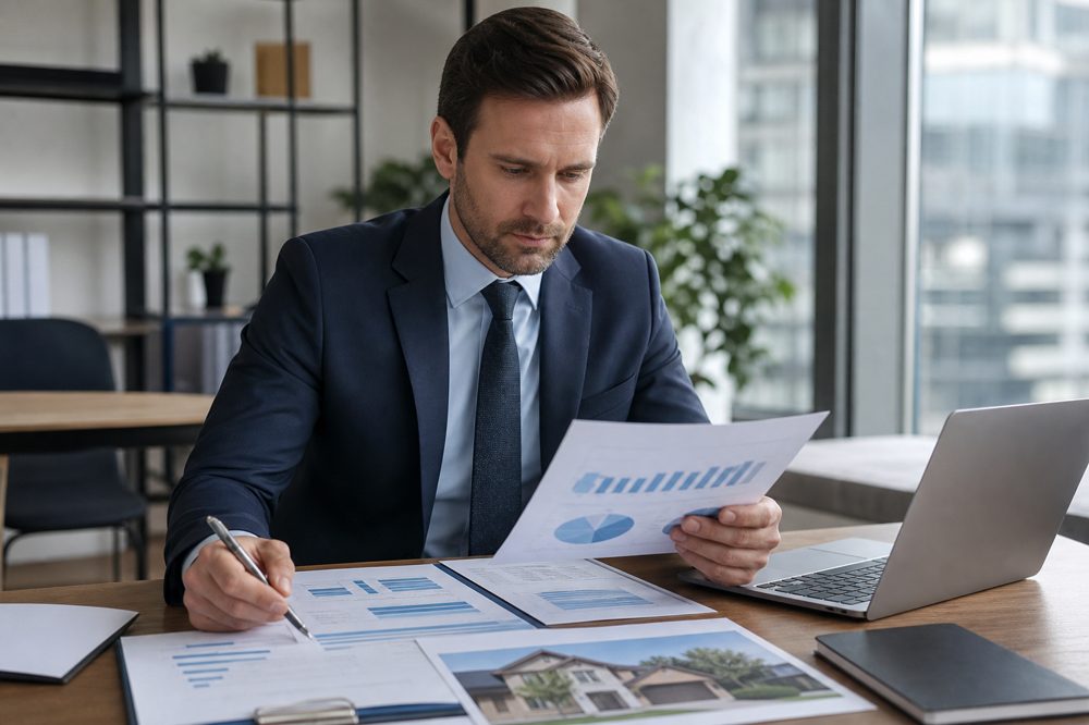 信用情報書類と不動産評価書を確認するビジネスパーソンのイメージ