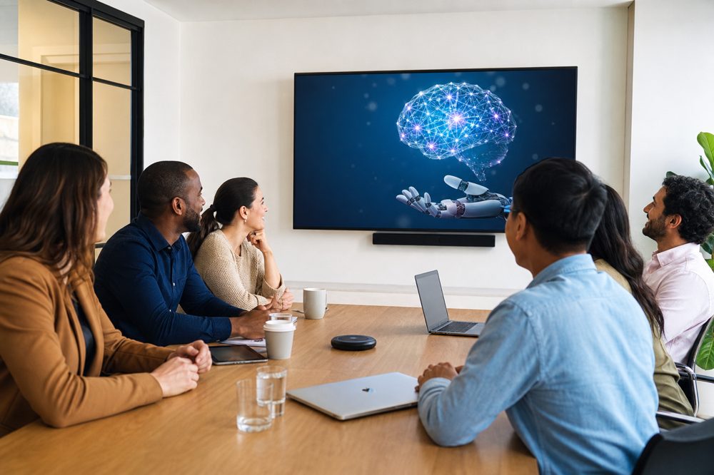 中小企業のスタッフがAIツールの社内研修を受けている明るいミーティングルームの様子