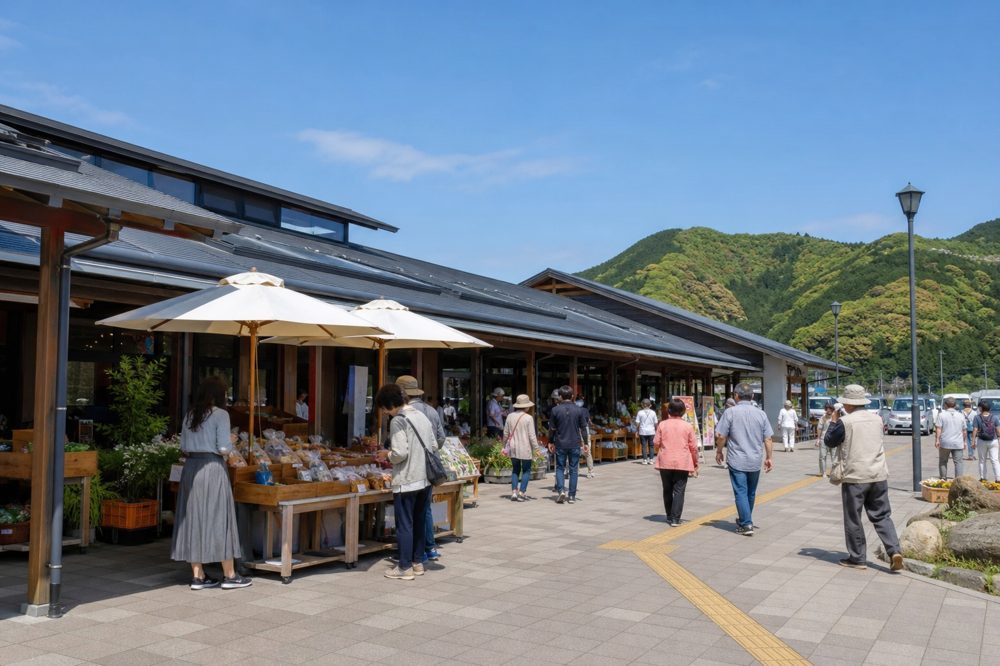 栃木県の道の駅で地元産品を見て回る来場者たち