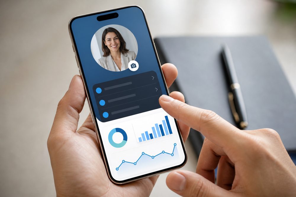 スマートフォンでSNSプロフィールを編集している経営者の手元