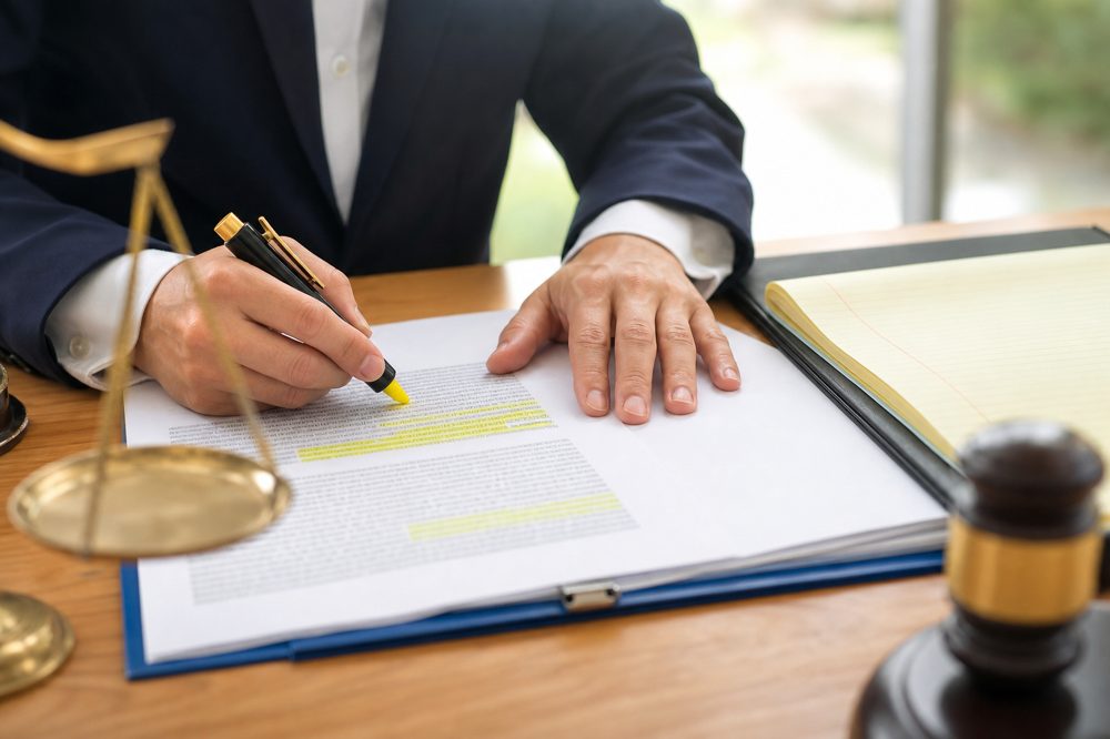 広告ポリシー文書を確認する弁護士の手元