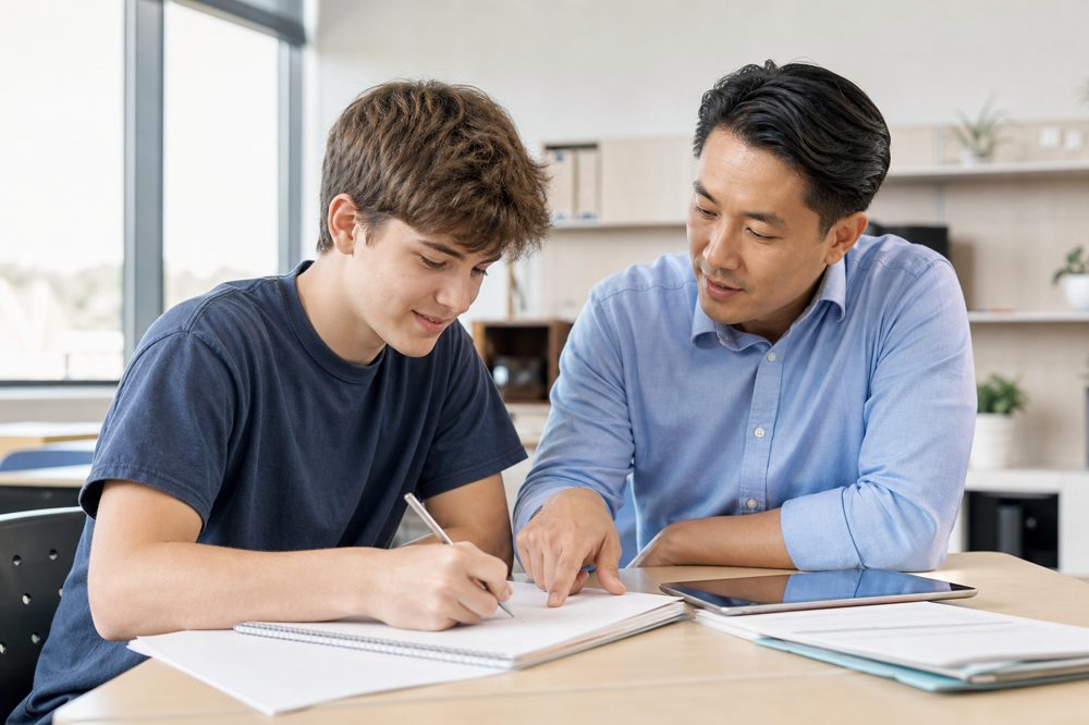 個別指導塾で講師と一対一で勉強する生徒のイメージ