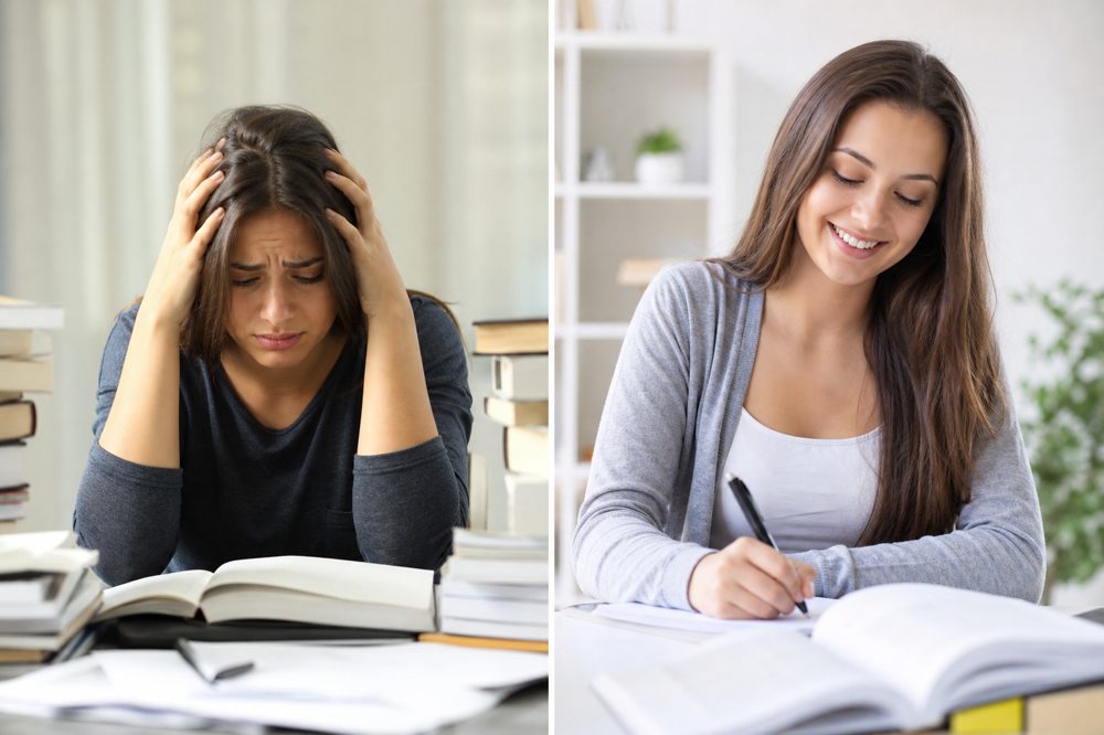 転塾前後の生徒の変化を表すイメージ。不安そうな様子から自信に満ちた勉強姿へ
