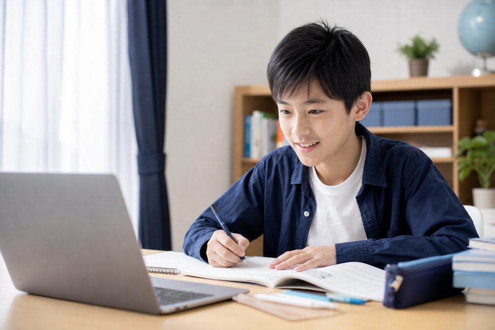 千葉県の中学生が自宅でオンライン個別指導を受けながら数学を勉強している様子