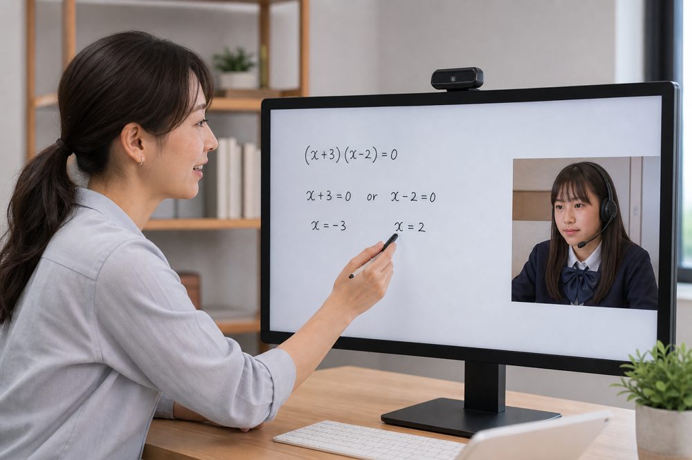 オンラインで数学の方程式をホワイトボードを使って説明する家庭教師と中学生