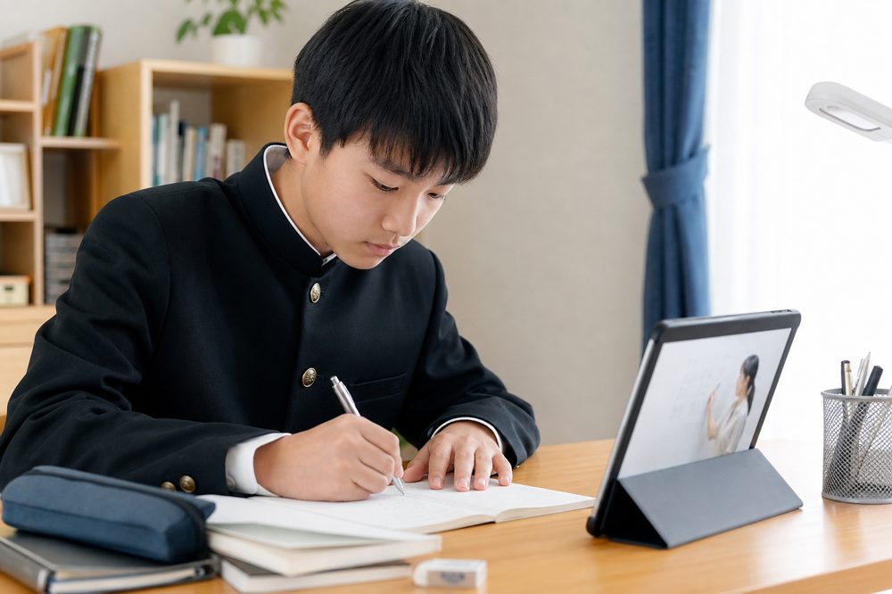 自宅の学習机でオンライン授業を見ながら数学のノートに解答を書く中学生