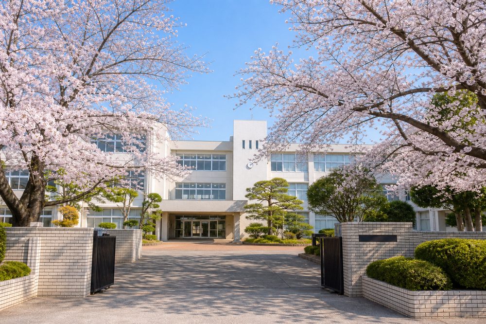 桜の咲く春の千葉県公立高校の正門前、高校受験合格を象徴する風景