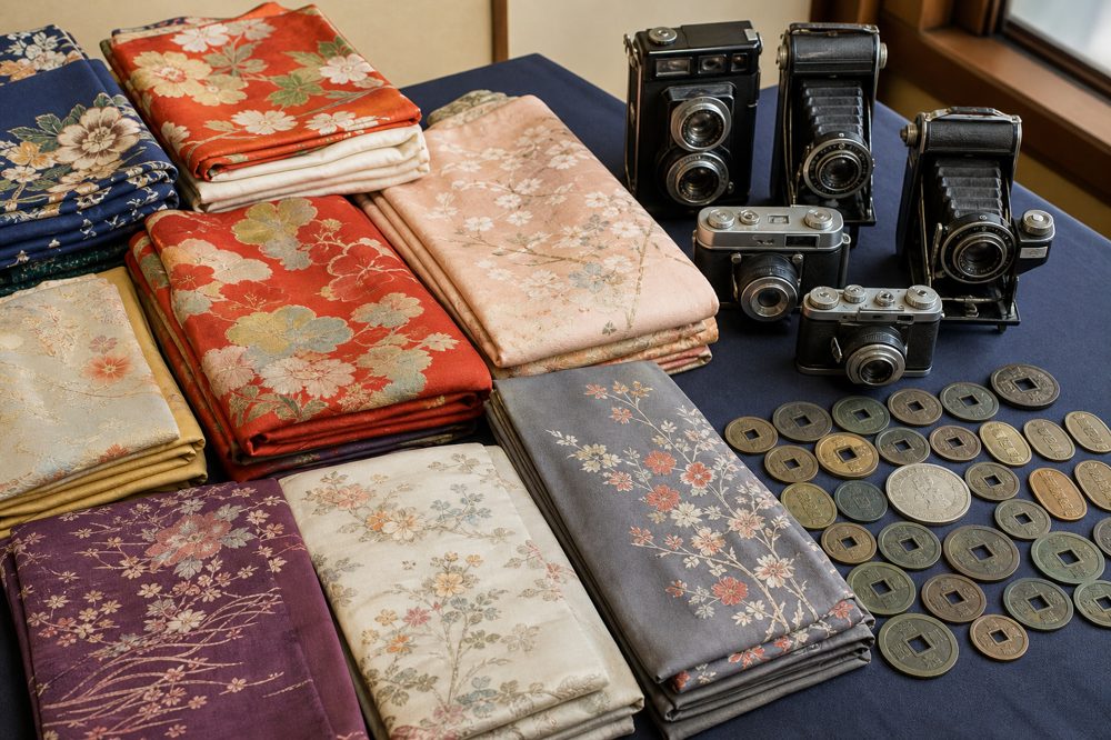 実家整理の出張査定で並べられた着物・古銭・カメラなどの品々