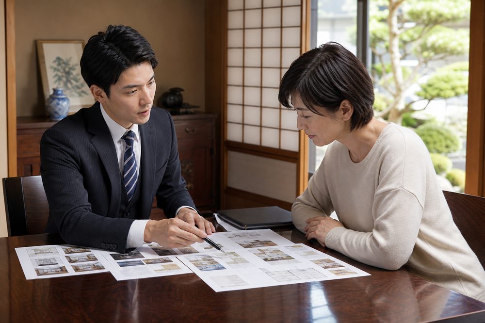 実家の和室でテーブルを囲んで査定書を確認する業者と依頼者