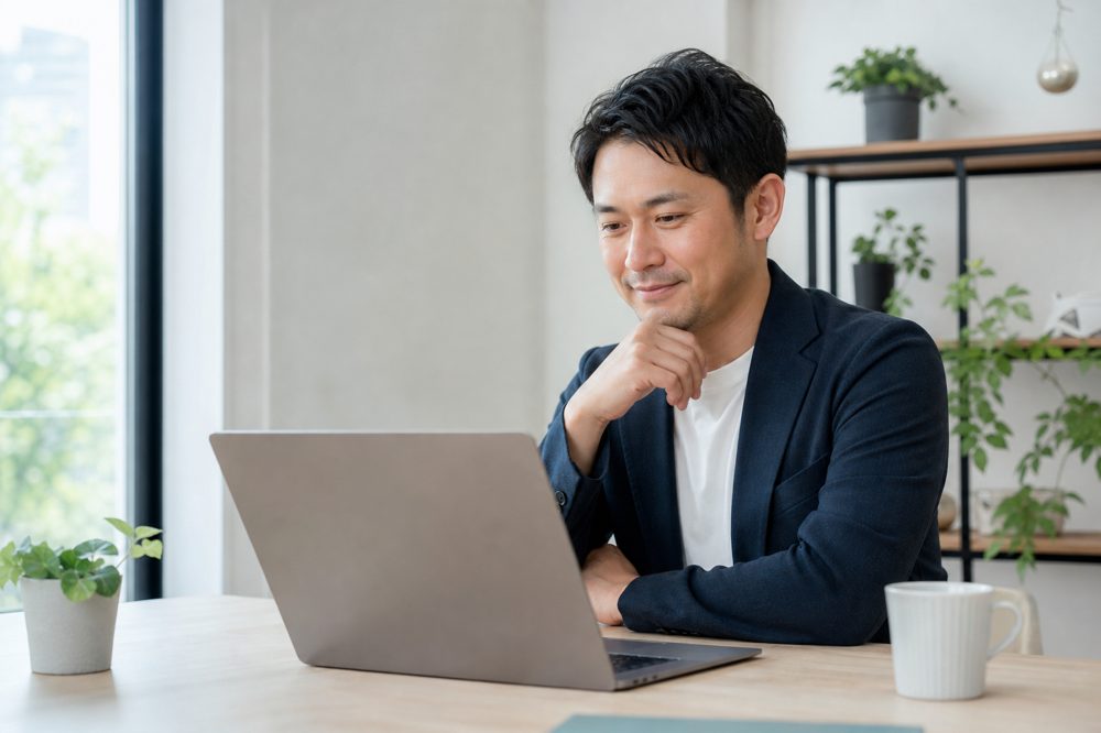 茨城の中小企業オーナーが新しく制作されたホームページをノートパソコンで確認している様子