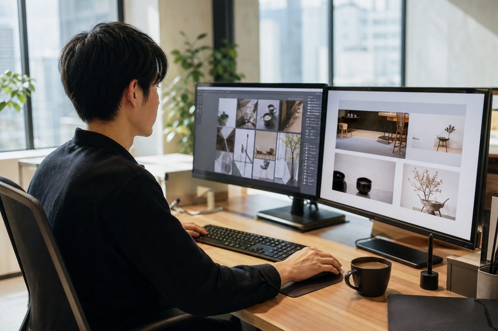 茨城のWeb制作会社のデザイナーがデュアルモニターでWebサイトのデザインを確認している様子