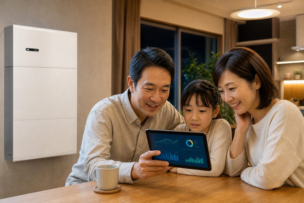 蓄電池の電力データをタブレットで確認する東京都内の家族