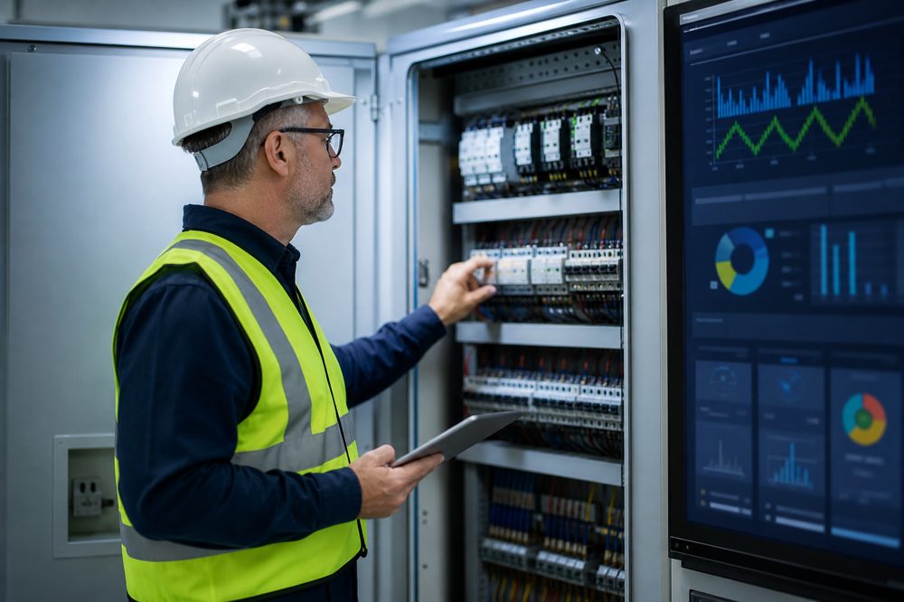 工場の電力管理パネルを確認する施設管理者