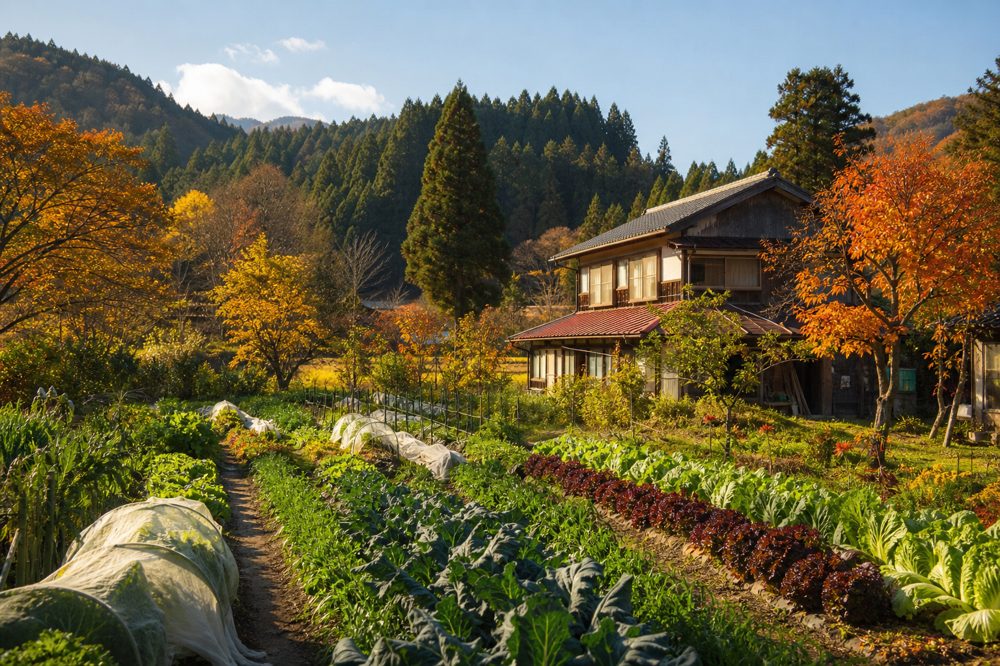 有機農業と森林が共存する農山村の秋景色