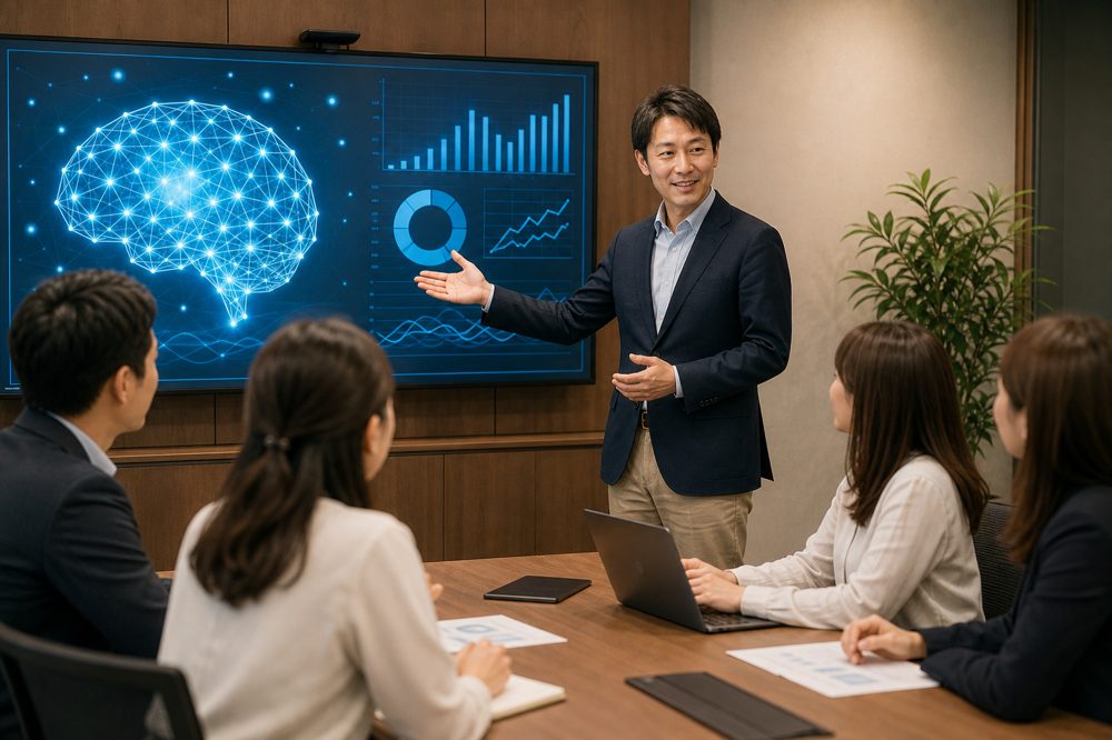 中小企業の管理者がAI導入の成果をチームに発表している会議シーン