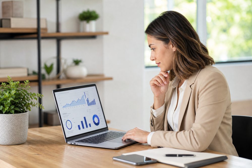 リスティング広告の成果をパソコンで確認する中小企業のオーナー