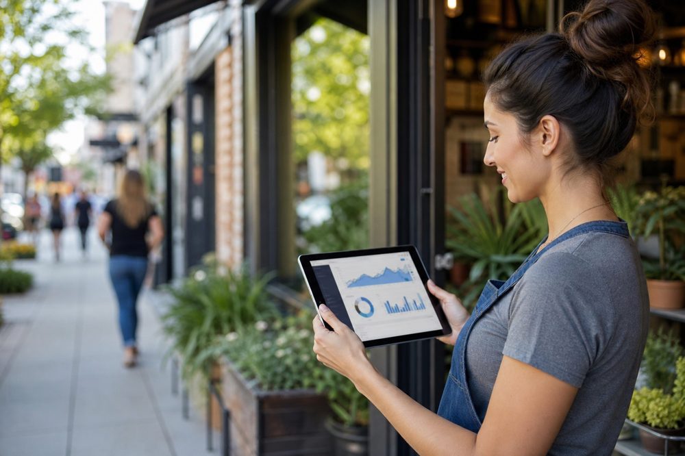 中小企業の店舗オーナーがタブレットで広告効果と集客データを確認している様子