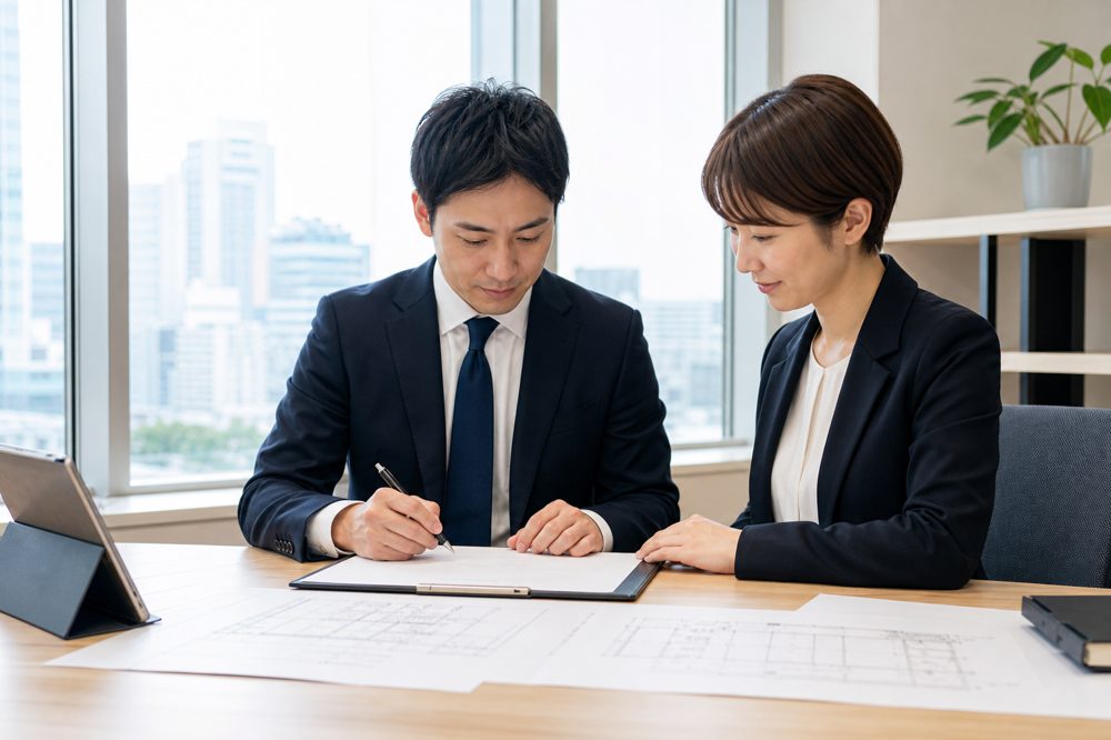 石川県で原状回復工事の契約書を確認するビジネスパーソン