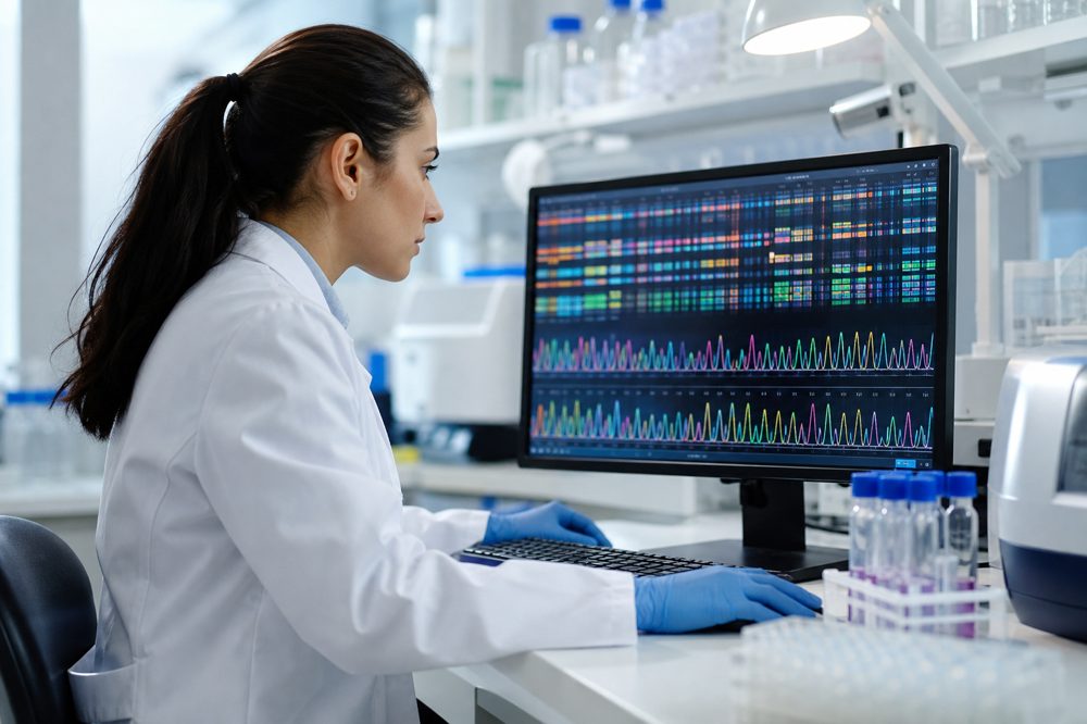 遺伝子解析データを確認する研究者の様子