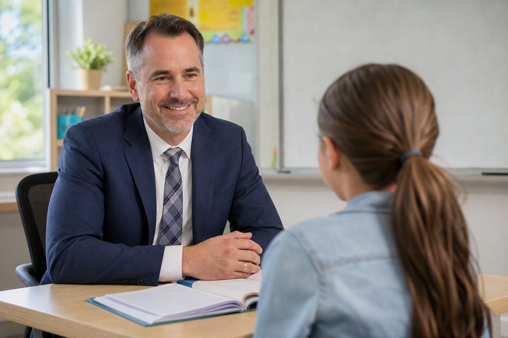 50代男性が明るい教室で学習塾のオーナーとして自信に満ちた笑顔を見せている様子