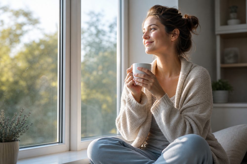朝の窓辺でコーヒーを持ちながら穏やかに微笑む女性