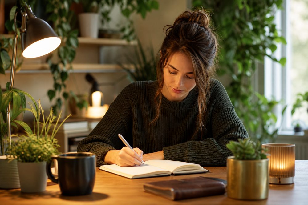 観葉植物に囲まれた温かな照明の部屋でノートに日記を書く女性