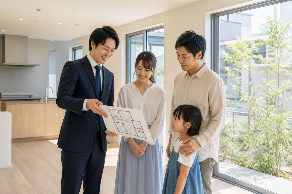 愛知県の新築一戸建てで不動産会社の担当者から間取りの説明を受ける家族