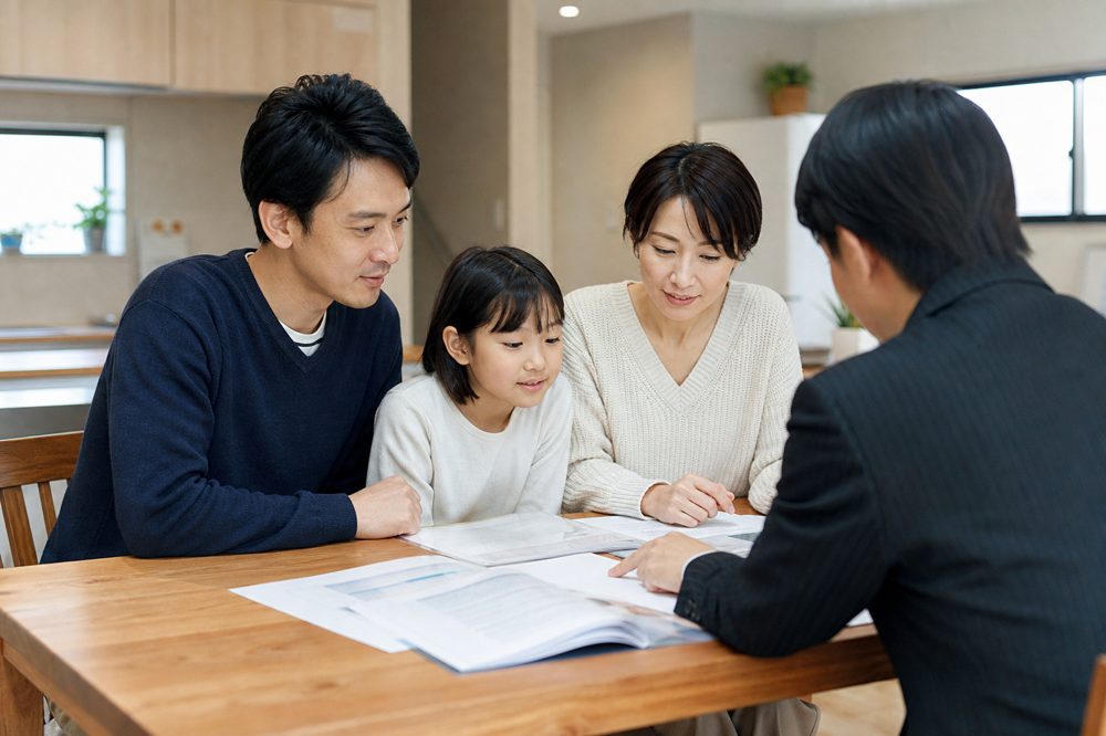 愛知県の新築一戸建てで住宅ローン書類を確認する家族