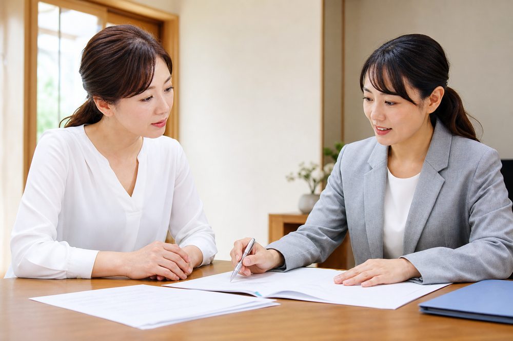 家庭教師センターのコーディネーターと保護者が料金プランを確認している様子