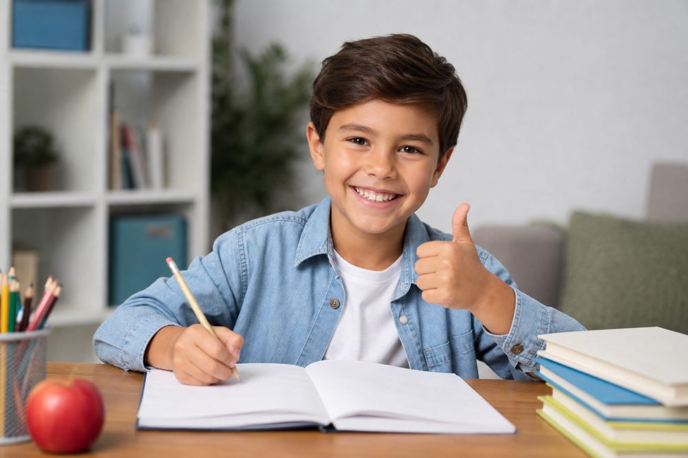 勉強に自信を持てるようになった子どもが笑顔で問題を解いている様子