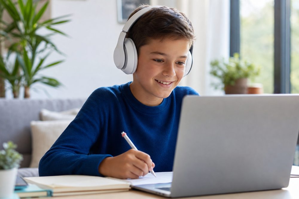 ヘッドフォンをつけてオンライン学習をする子ども、明るく集中した表情