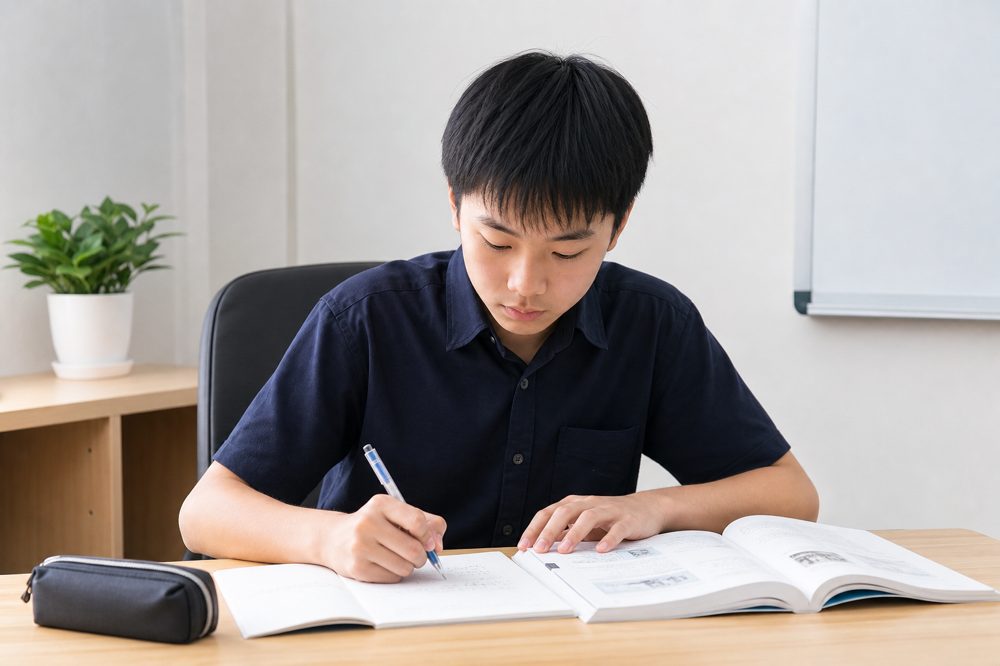 祇園東中の定期テスト対策のために塾で真剣に勉強する中学生