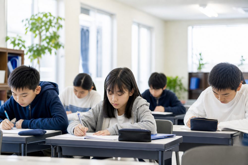 学習塾の明るい教室で集中して勉強する中学生たち