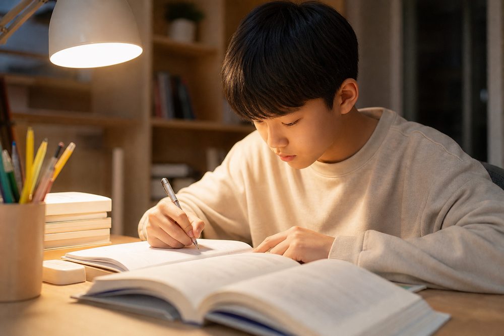 東原中の単元テスト対策に取り組む中学生のイメージ