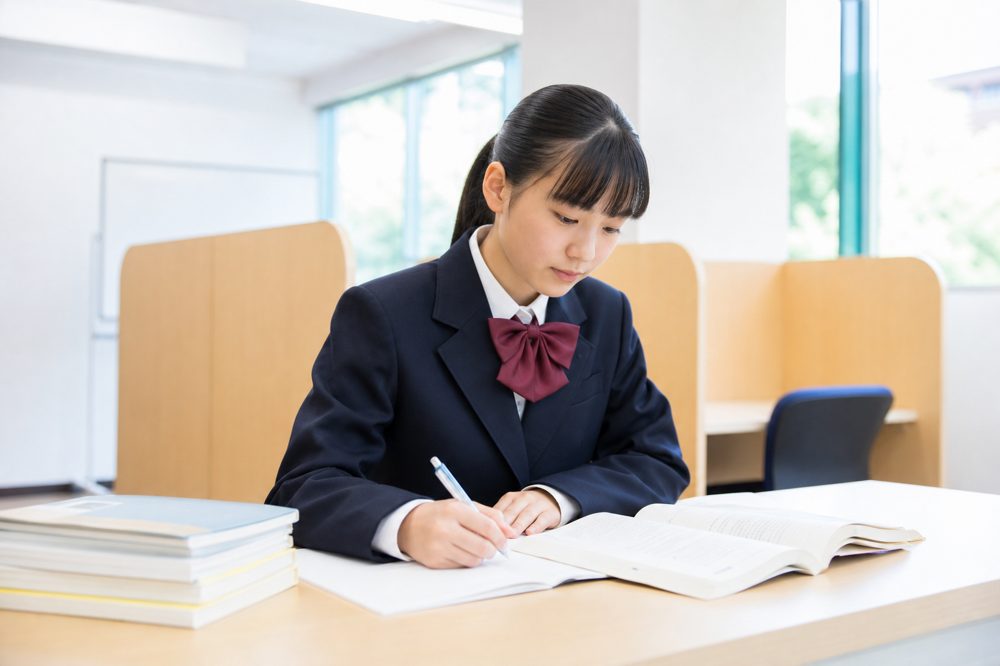 高陽エリアの明るい塾で教科書を広げて勉強する中学生