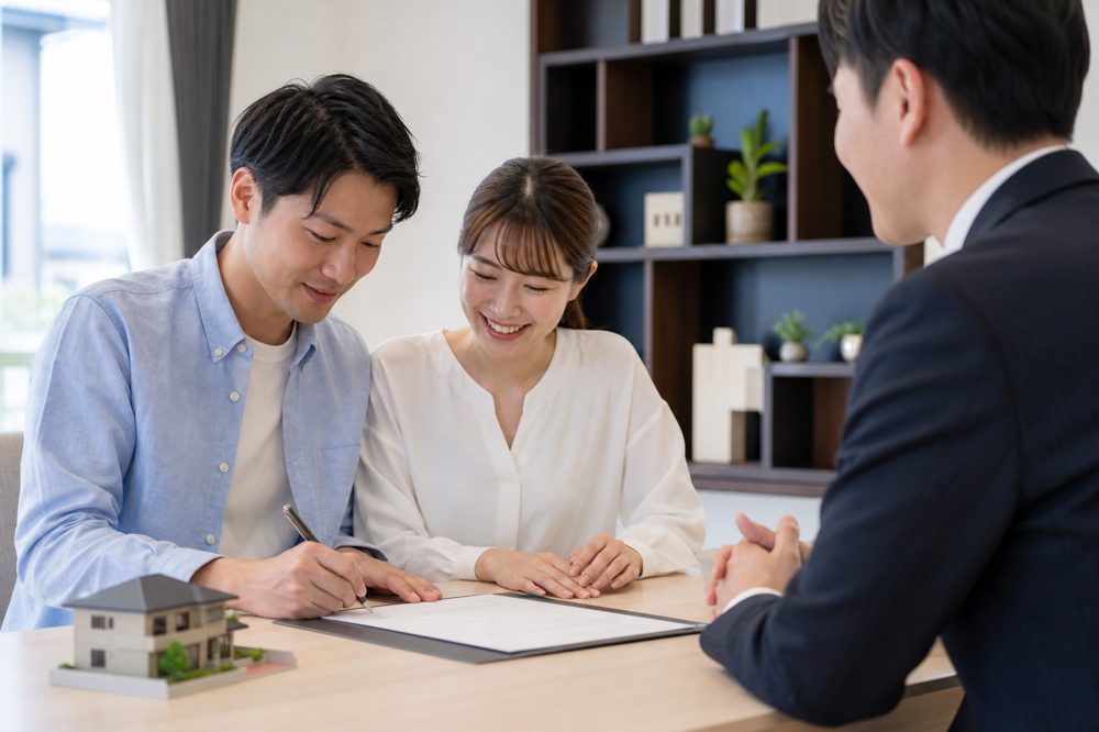 泉佐野市のマンション売買契約を締結する夫婦と不動産会社担当者