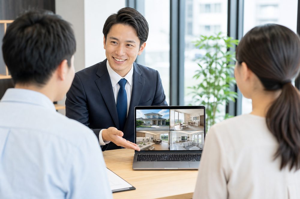 泉佐野市の不動産会社で物件情報を提案する担当者とお客様