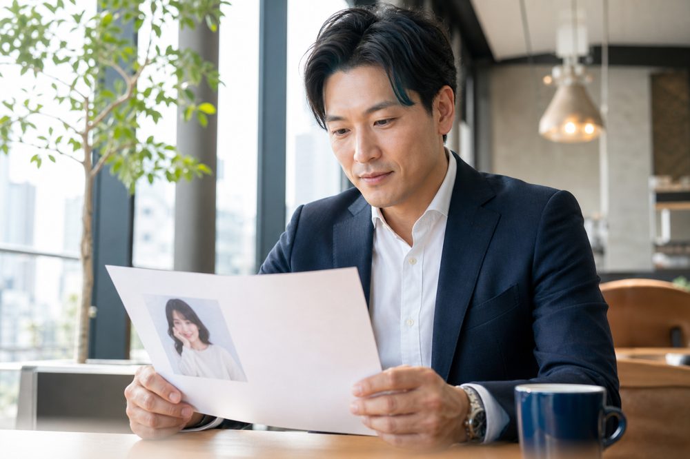 東京のカフェでIBJ加盟店の婚活資料を確認する30代男性