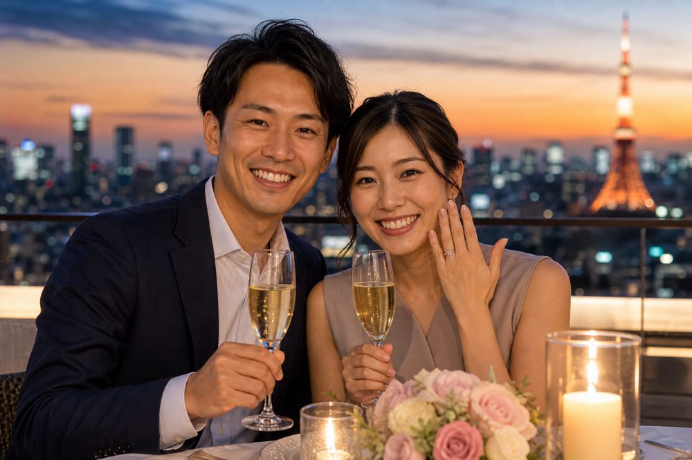 東京の夜景を背景に婚約を喜ぶカップル